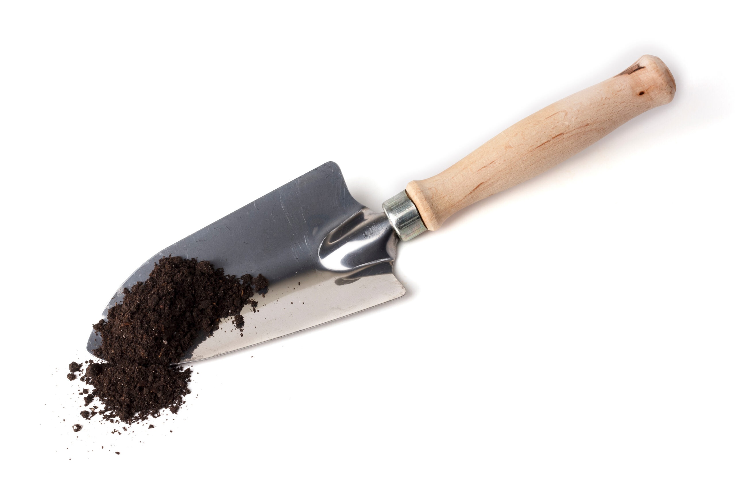 Gardening spade in soil isolated on white